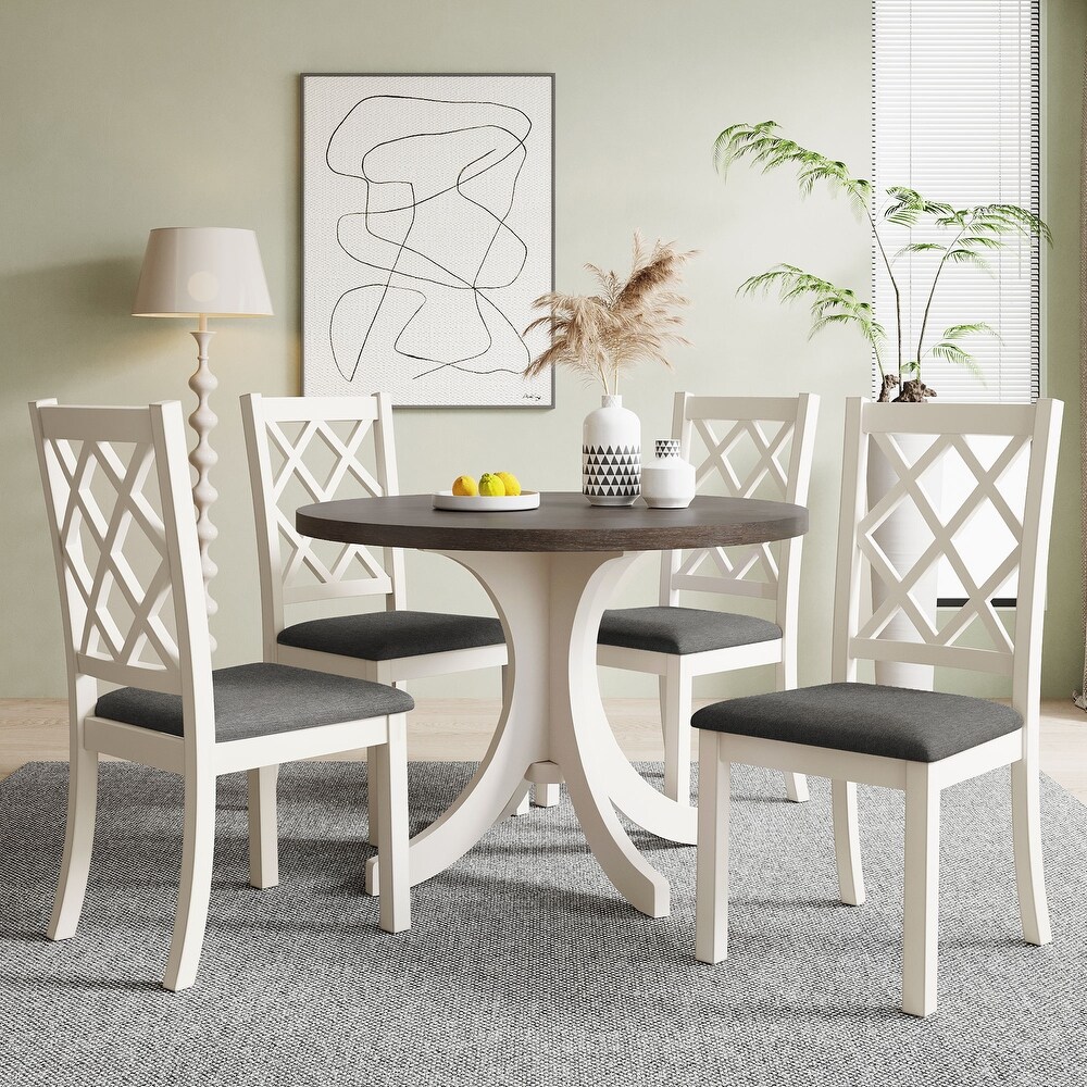 5 Piece Wood Round Dining Table Set with 4 Chairs