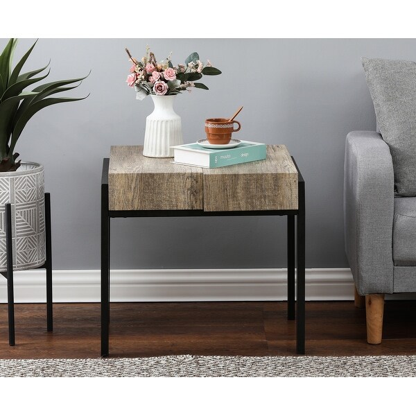 Rustic Oak Brown Manufactured Wood and Black Metal Side Table - 20