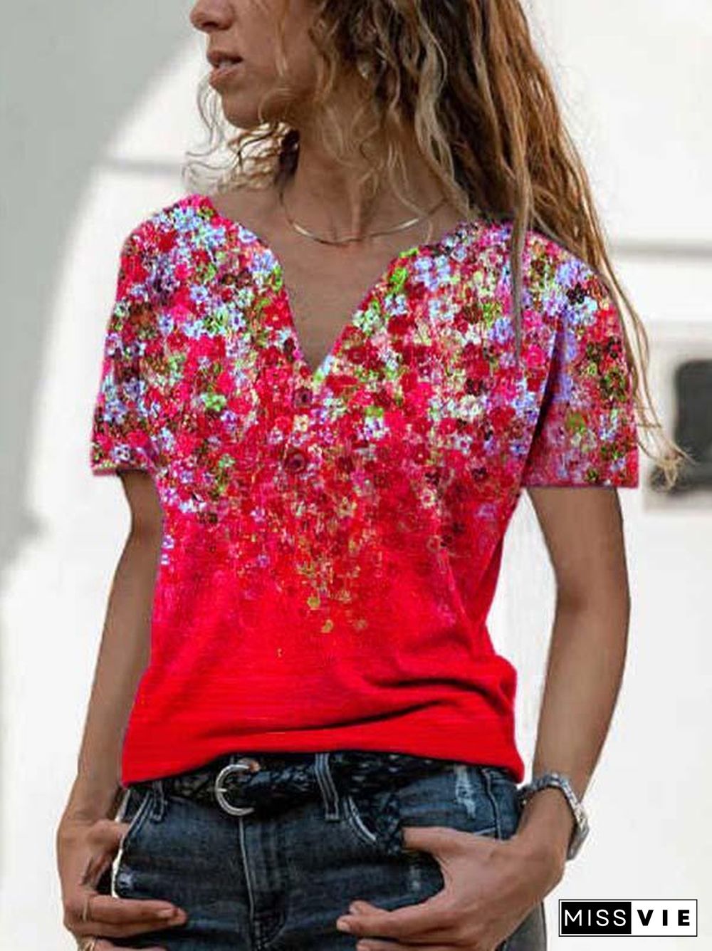 Women's Short Sleeve V-neck Floral Printed Tops T-shirts