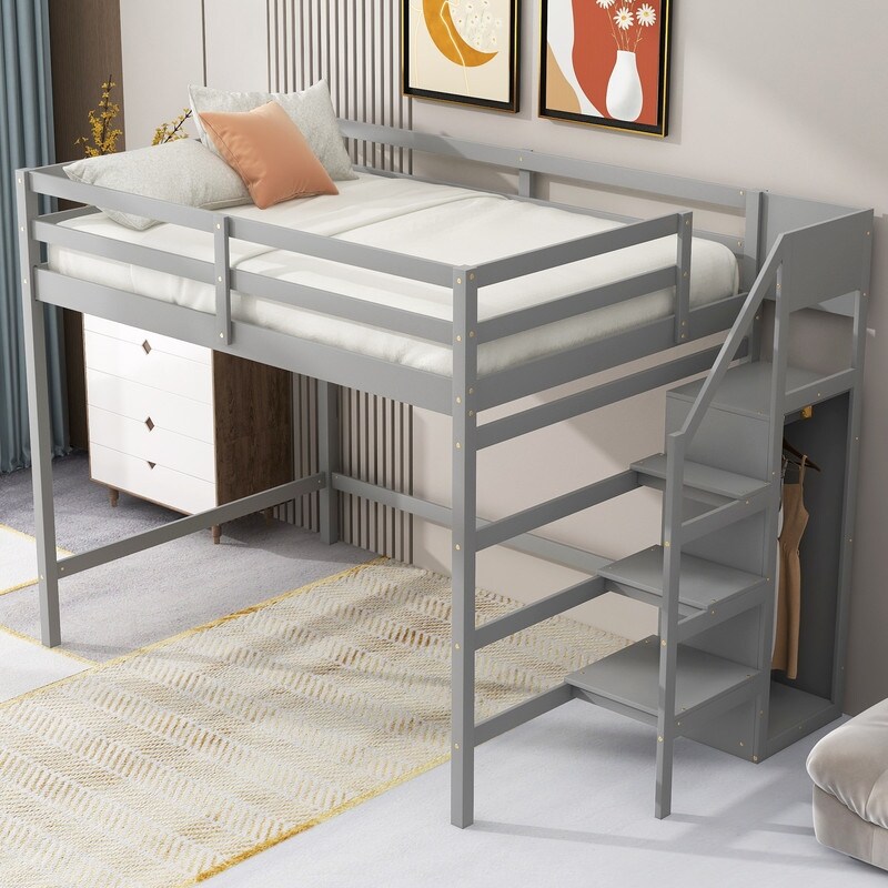 Modern Wooden Full Size Loft Bed with Built in Storage Wardrobe and Staircase