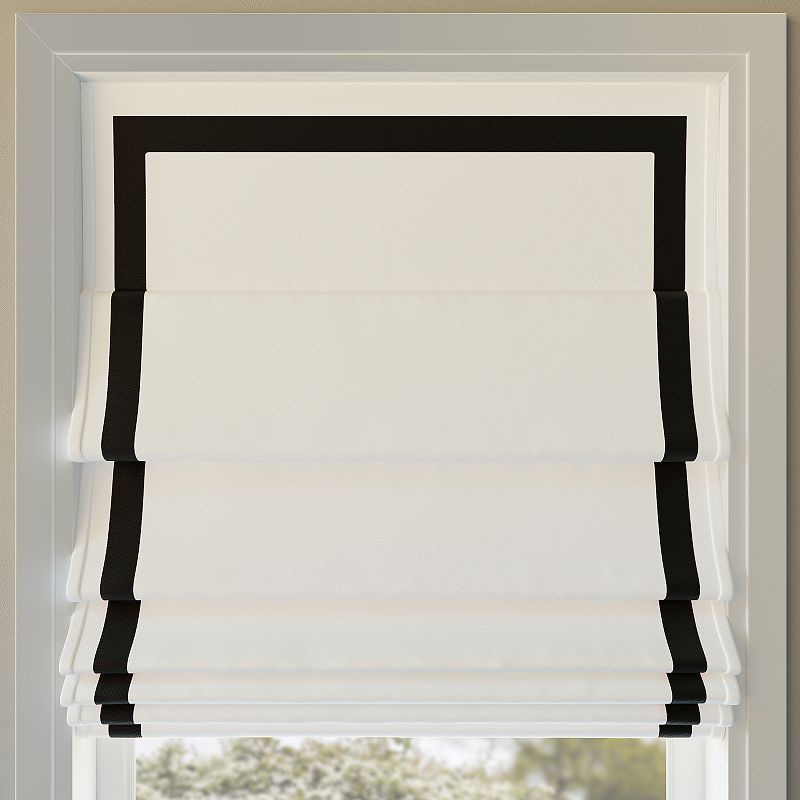 Sun Zero Olander Black Ribbon Border 100% Blackout Cordless Roman Shade