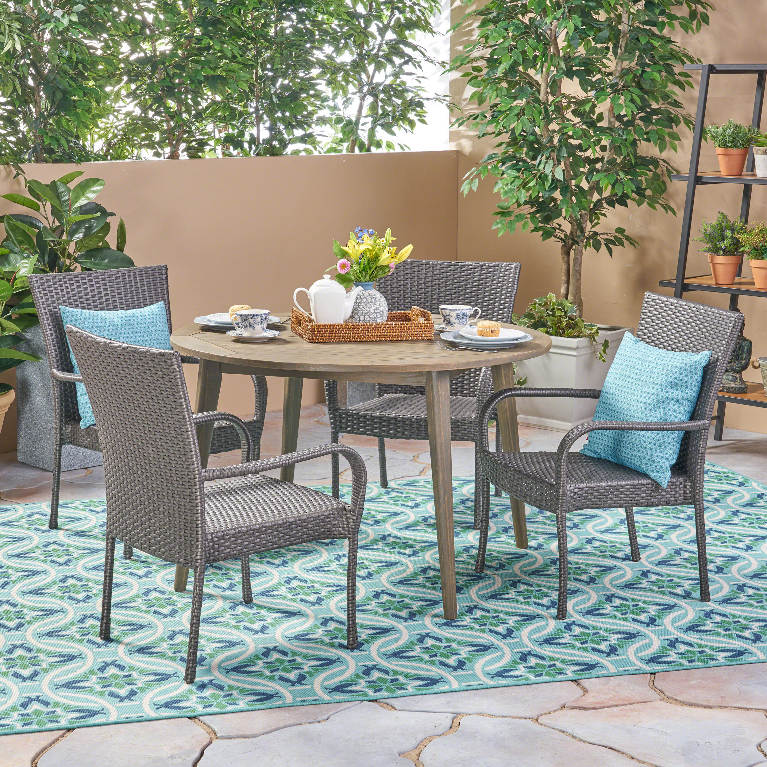 Ivey Outdoor 5 Piece Wood and Wicker Dining Set