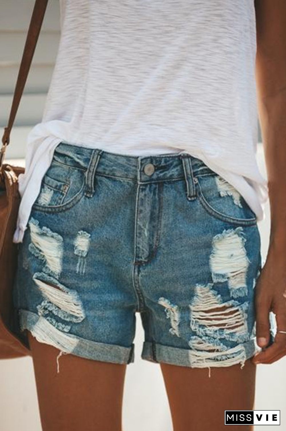 Street Solid Ripped Mid Waist Straight Denim Shorts