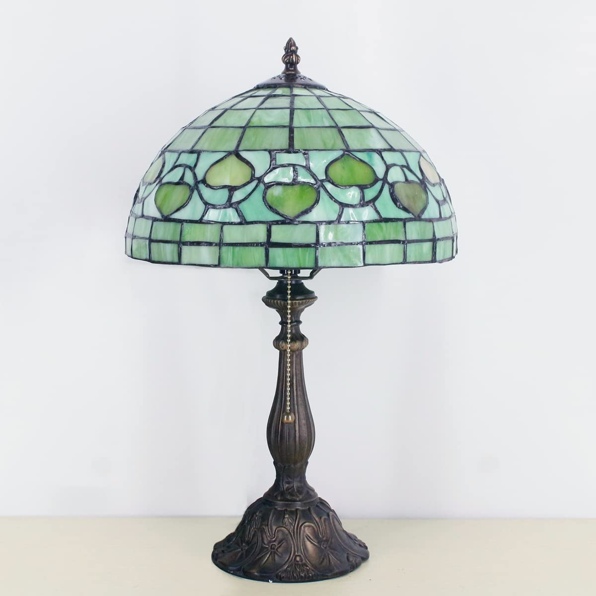 SHADY Tiffany Style Table Lamp W12H19 inch Green Stained Glass Antique Bedside Nightstand Desk Reading Lamp Work Study Desktop Light Decor Home Kids Bedroom Living Room Office Pull Chain