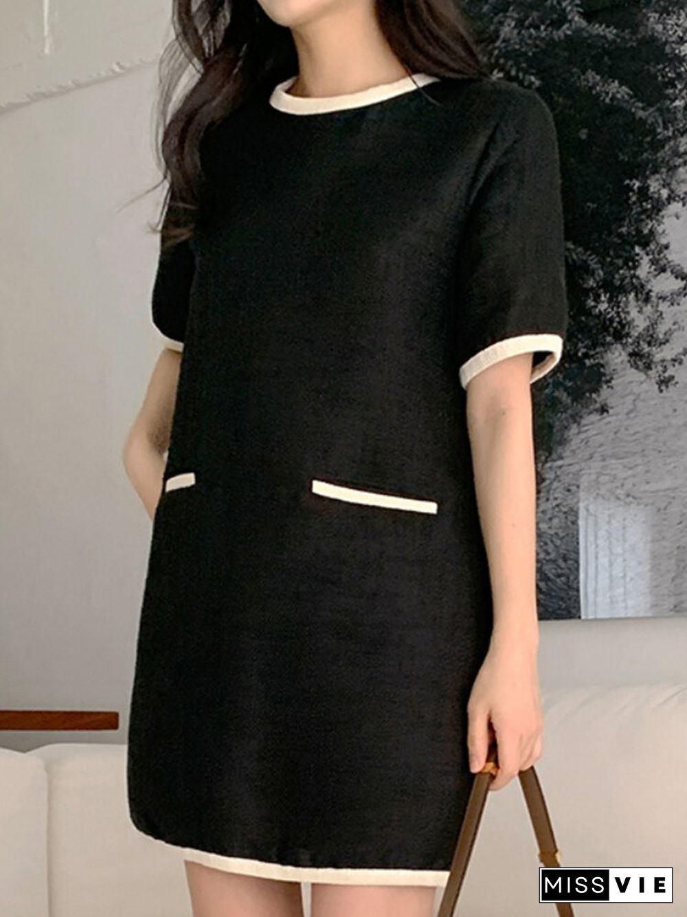 Contrast Trim Double Pockets Thigh Length Dating Dress