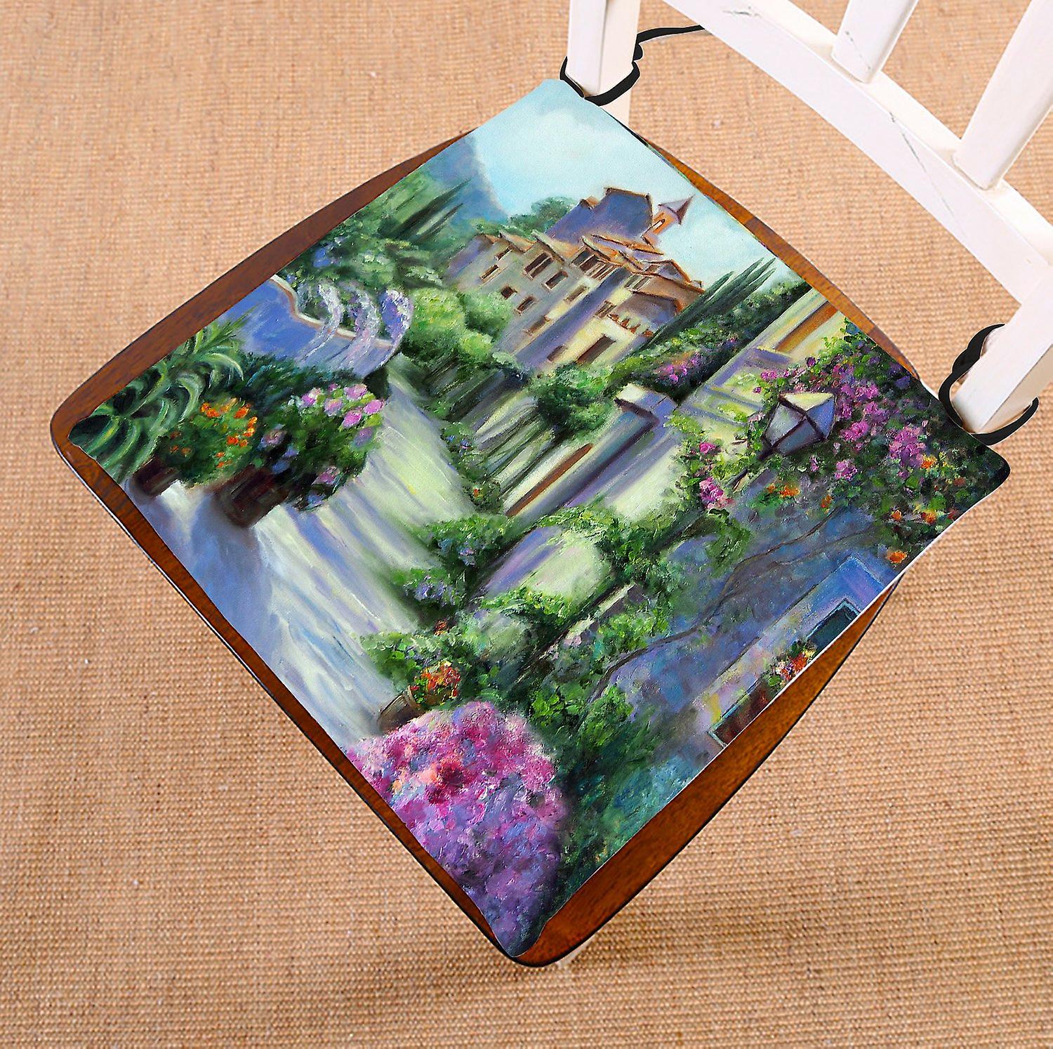 Landscape Chair Pad， Flower Street House Oil Painting Scenery Seat Cushion Chair Cushion Floor Cushion 45x45 Cm