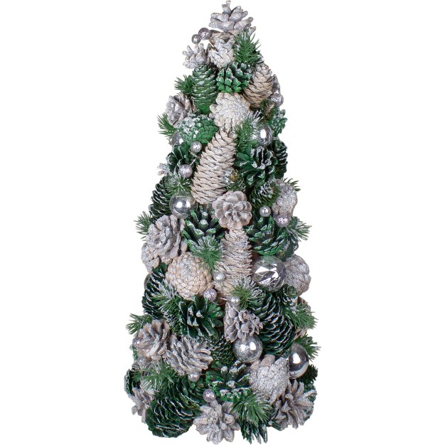 Green And Silver Pinecone With Ornaments Table Top Cone Christmas Tree Embellished In Glitter