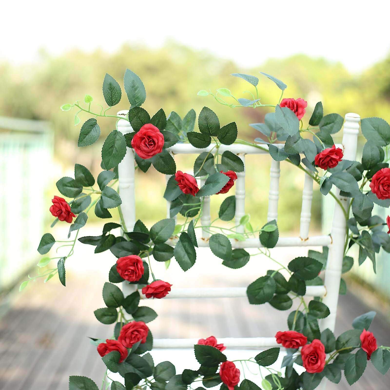 20 Red Artificial Silk Roses Flower Garland, Hanging Vine 6ft