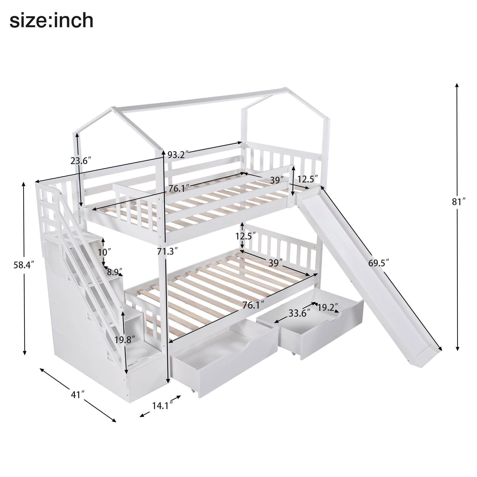 Euroco Twin House Bunk Bed with Storage for Kids, White