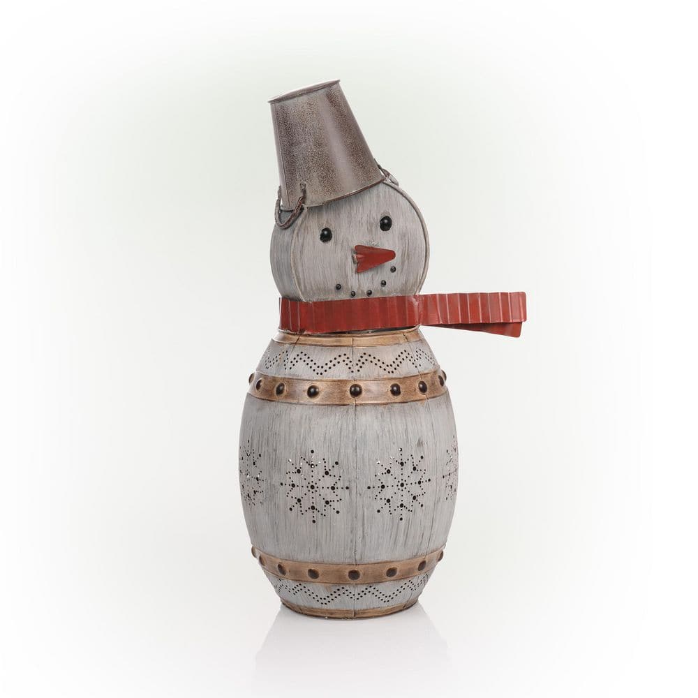 Alpine Corporation 30 in. Tall Weathered Barrel Snowman With Warm White LED Lights ORS730