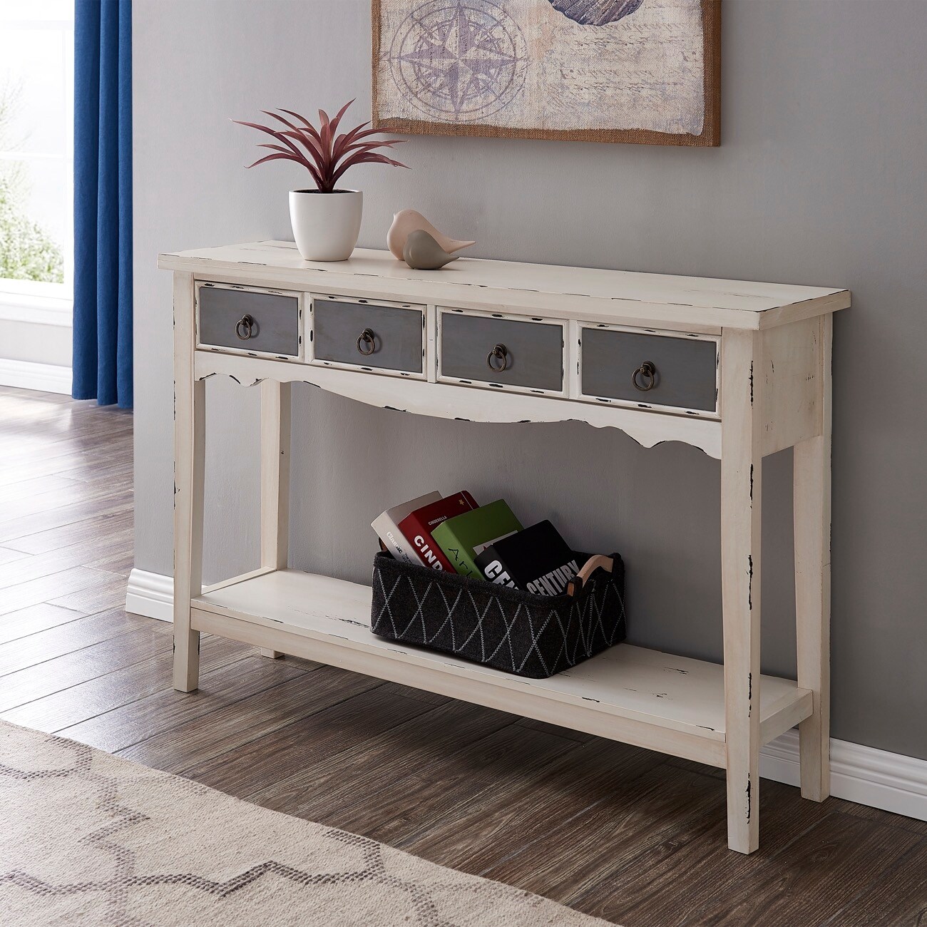 BELLEZE Distressed Wood 2-Drawer Traditional Entryway Console Table