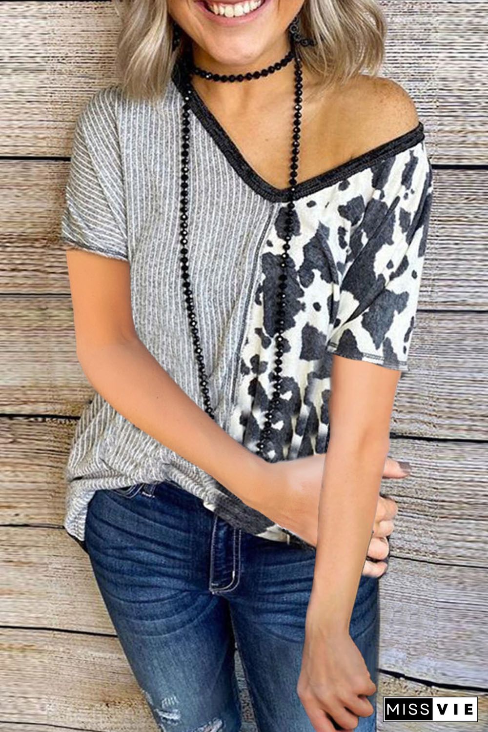 Gray Stripes & Cow Print Contrast V Neck Tee