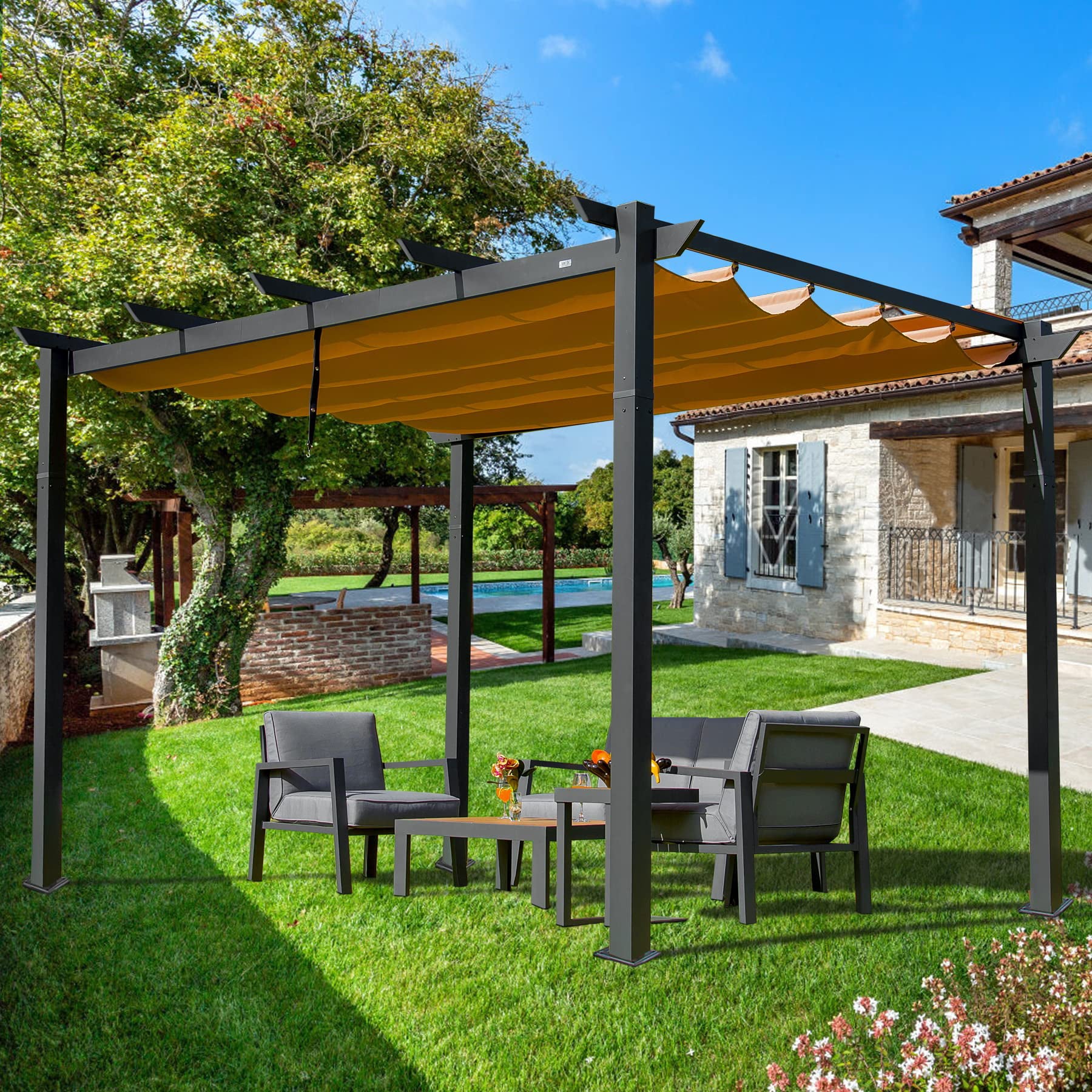 10' x 13' Outdoor Retractable Pergola with Weather-Resistant Canopy Aluminum for Garden, Porch, Gazebo, Grape Trellis Pergol