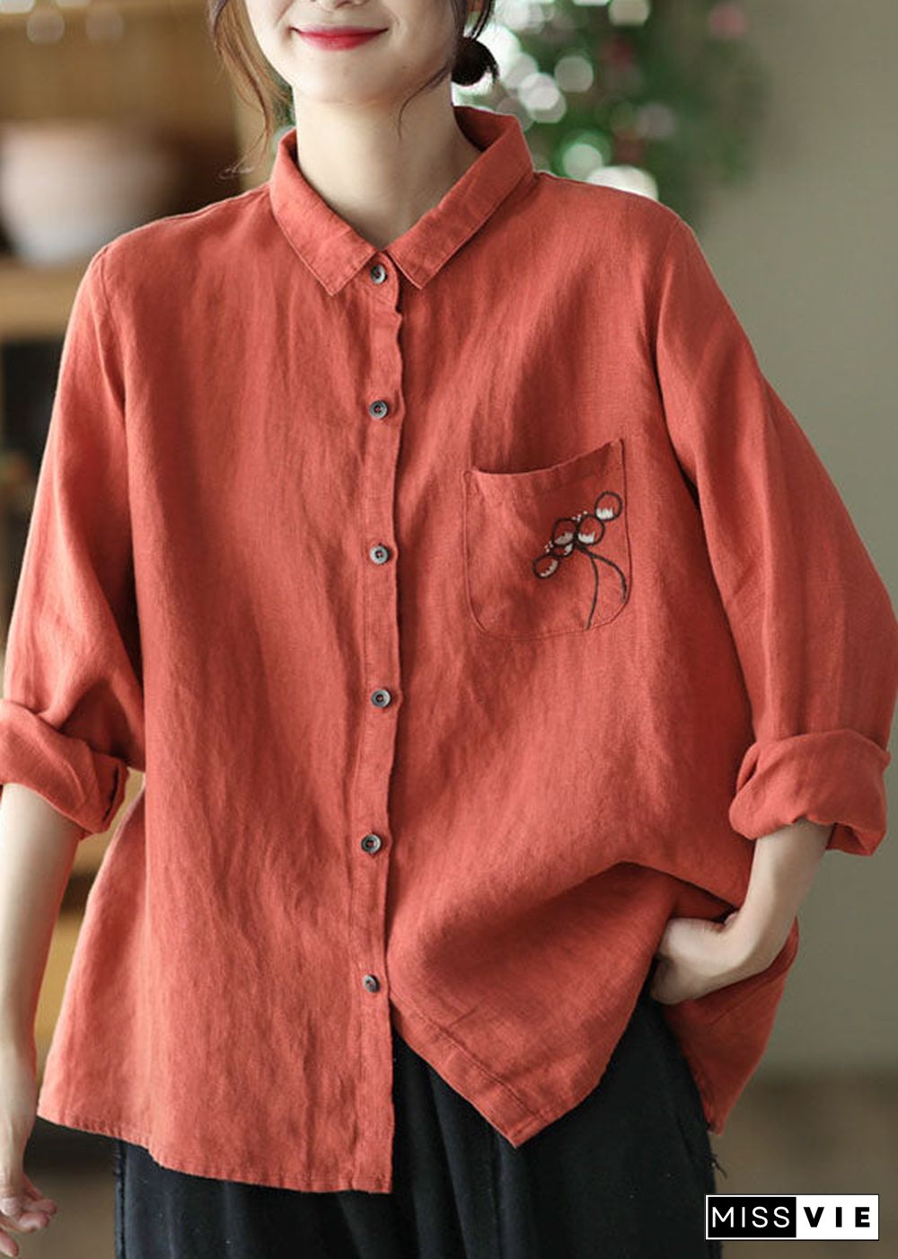 Modern Red Embroideried Button Patchwork Linen Shirt Top Spring