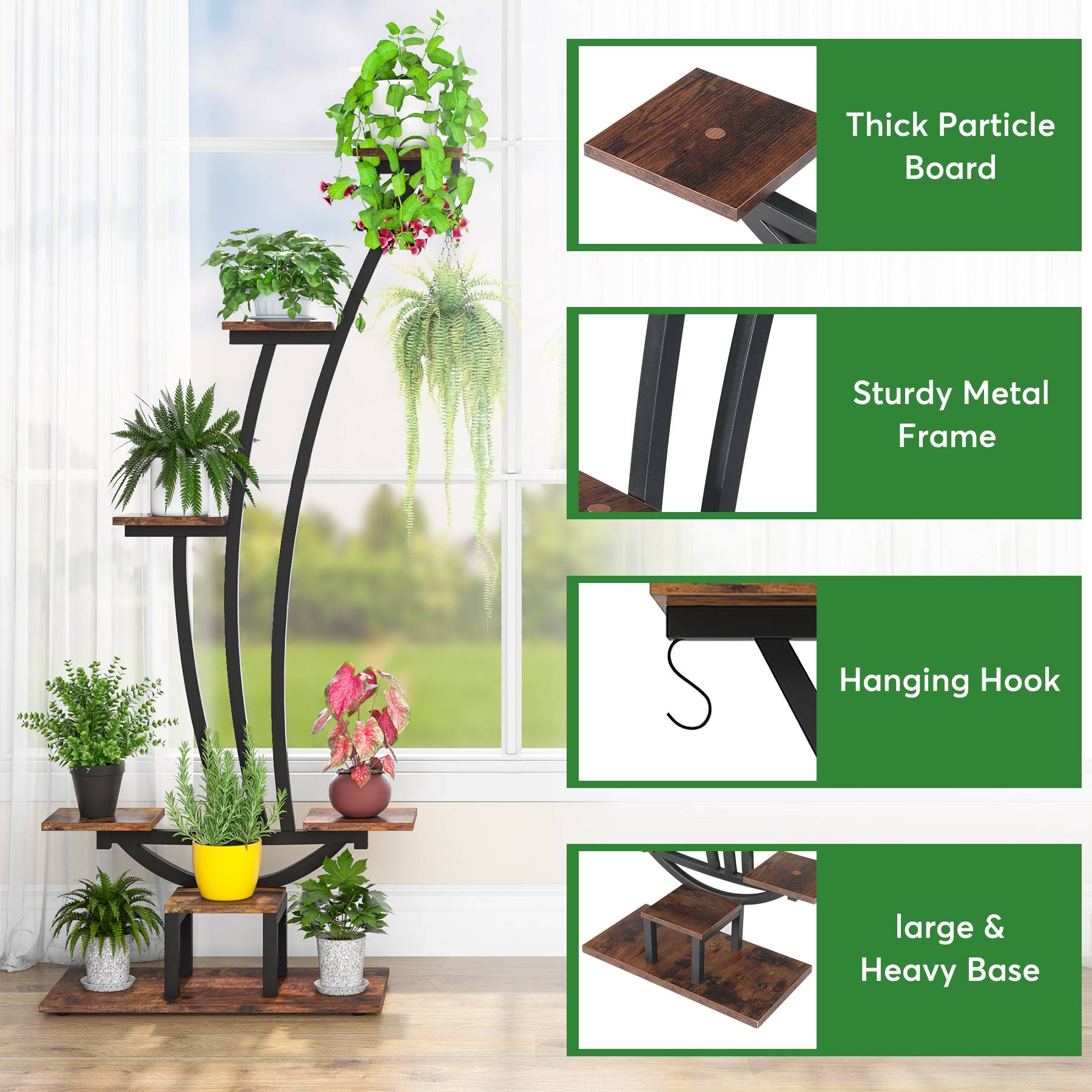 6-Tier Plant Stand Pack of 2, Metal Curved Display Shelf with 2 Hanging Hooks