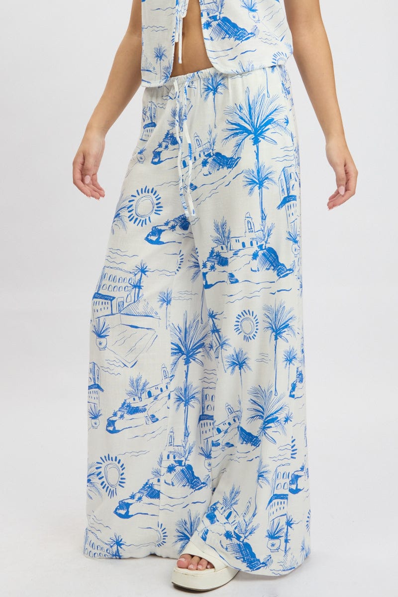 Blue Abstract Wide Leg Pants High Rise