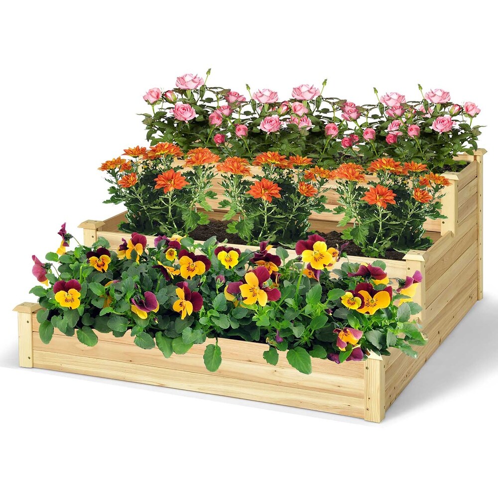 Costway 3 Tier Raised Garden Bed Wood Planter Kit for Flower Vegetable   48'' x 48'' x 22''