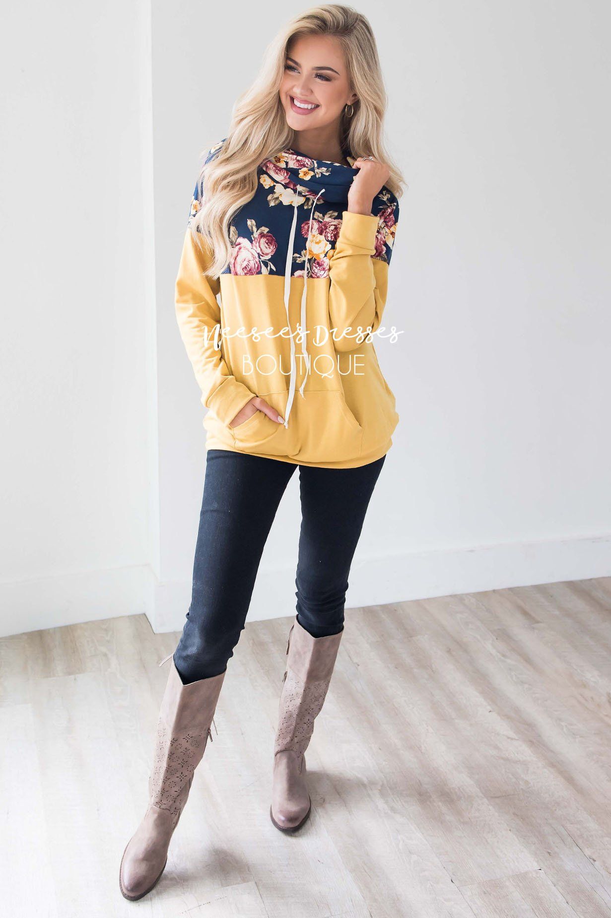 Floral Top Mustard Cowl Neck Sweater