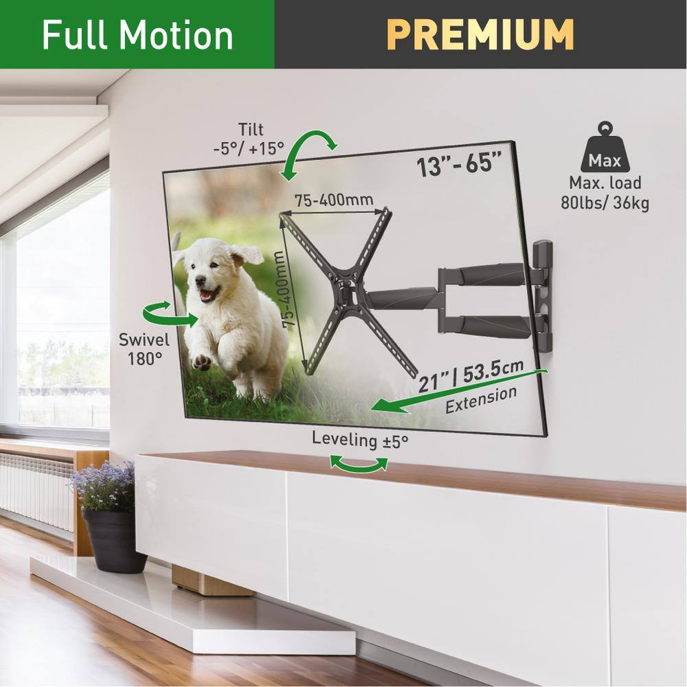 Barkan a Better Point of View Barkan 13 in. to 65 in. Full Motion 4-Movement Long FlatCurved TV Wall Mount Black Patented Touch and Tilt BM343LP