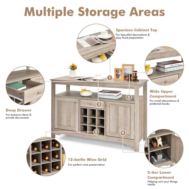 Wood Buffet Server Sideboard Console Table Utensils Organizer with 9 Wine Grids, 1 Drawer & 2 Cabinets