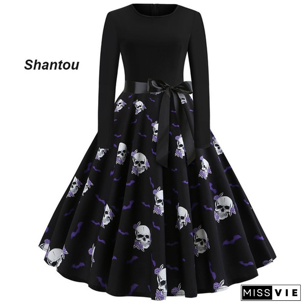 NEW Fashion Women Autumn and Winter Xmas Clothes Christmas Costume Casual Long Sleeve Halloween Print Flared Dress Party Dress