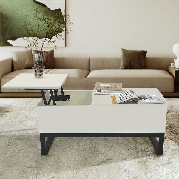 White Wood Lift Top Coffee Table with Hidden Storage Compartment