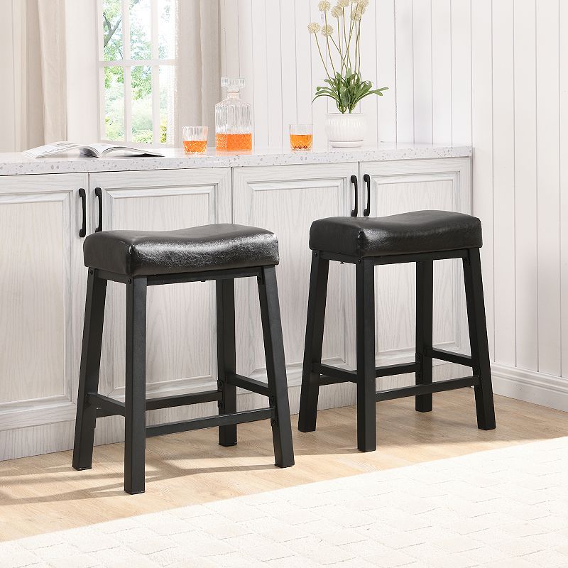 eHemco Heavy-Duty Padded Faux Leather Saddle Seat Kitchen Counter Height Barstools， 24.8 Inches， Set of 2