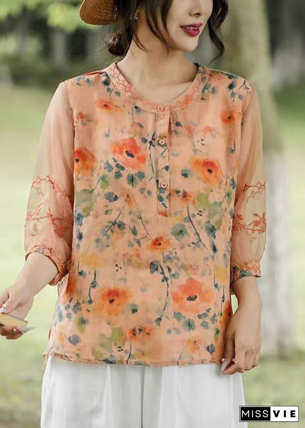 Boho Orange Embroideried Patchwork Print Linen Shirt Top Half Sleeve