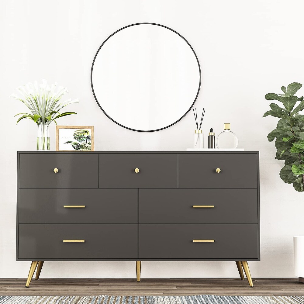 7 Drawer Dresser for Bedroom  Modern Black Wood Dresser with Wide Drawers and Metal Handles  Long Chest of Drawers