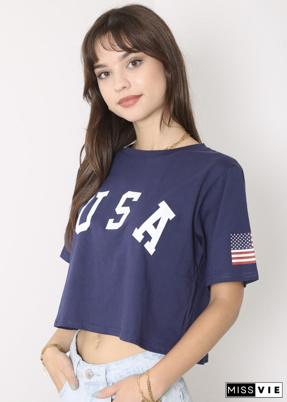 Anna-Kaci Women's Letter Print Crop Top Short Sleeve July 4th USA Flag T-Shirt