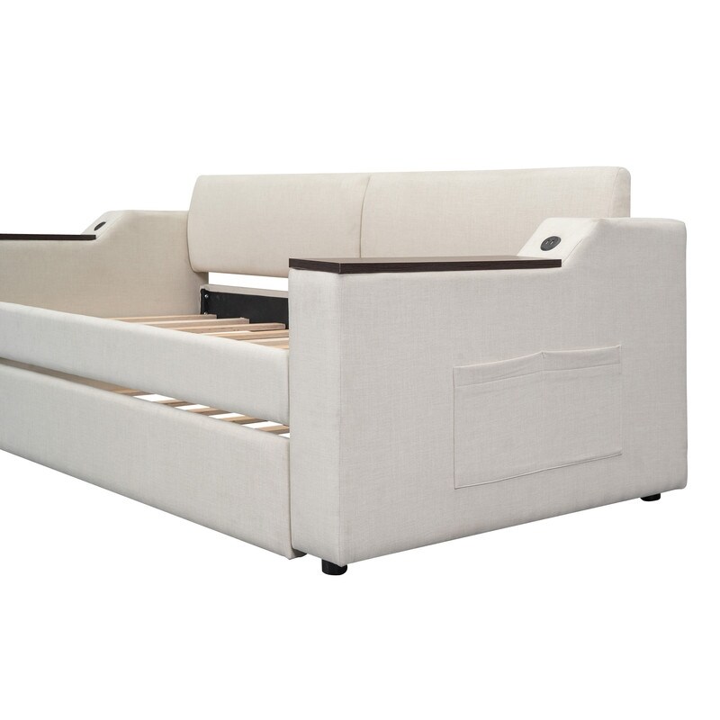 Twin Size Upholstery Daybed with Trundle and USB Design and Storage Arms Sofa Bed