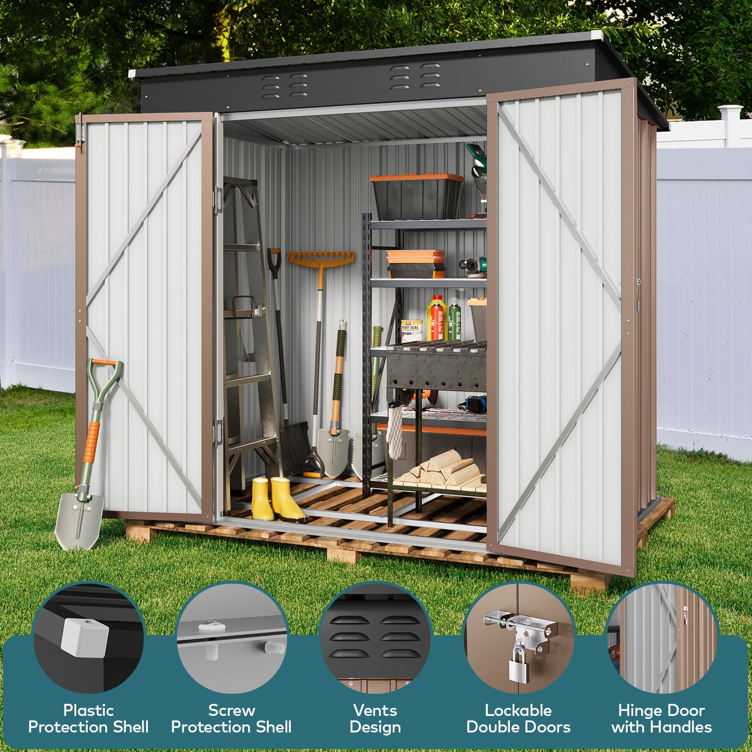 Lofka 6ft x 4ft Metal Garden Shed for Outdoor Storage, Brown