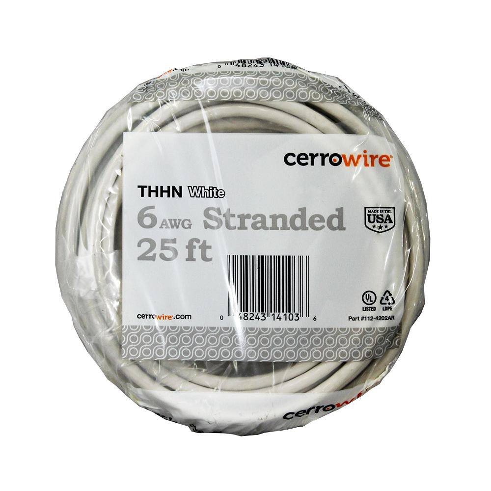 Cerrowire 25 ft. 6 Gauge White Stranded Copper THHN Wire 112-4202AR