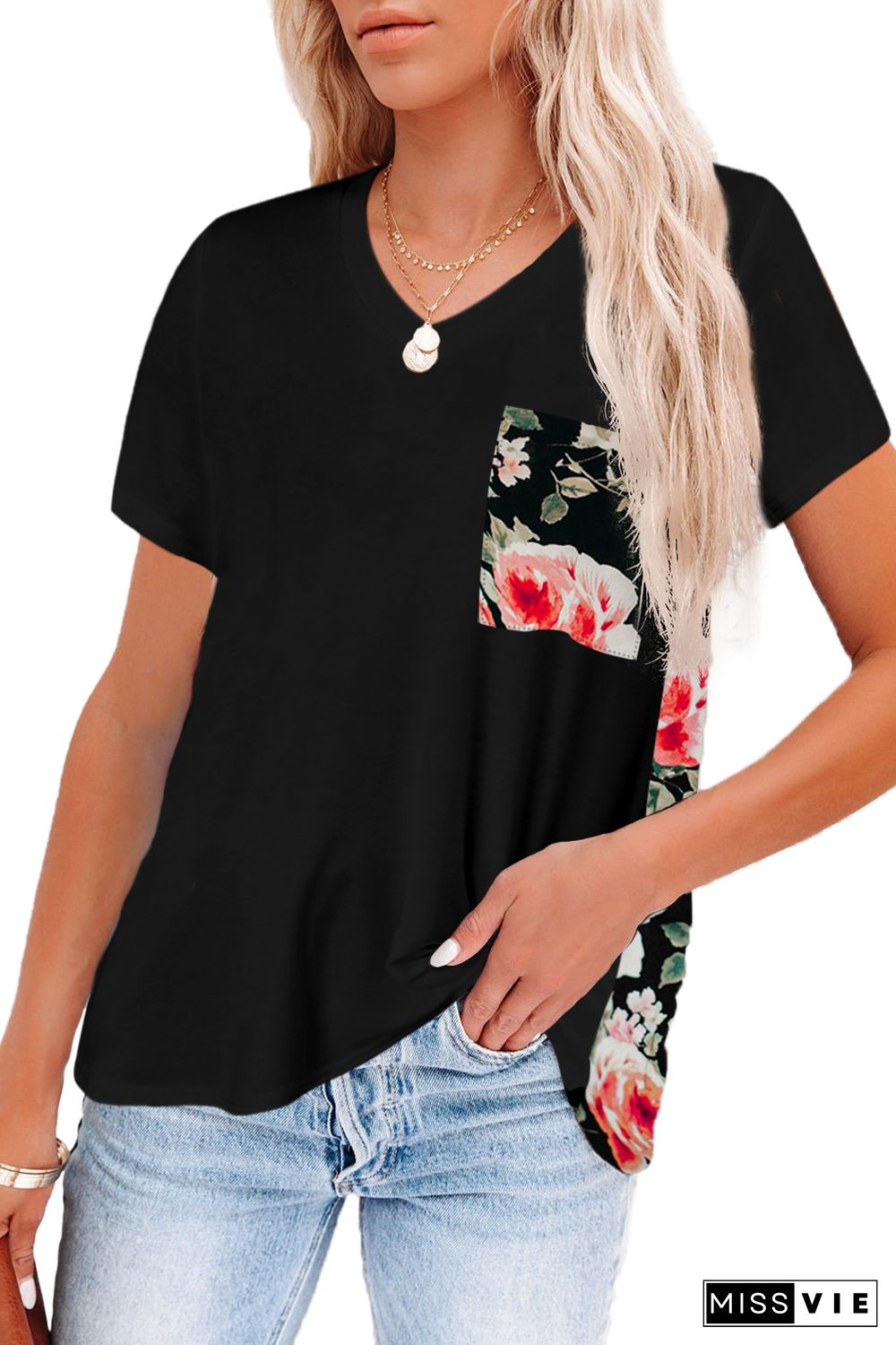 Black Women's Casual Floral Printed Splicing Pullover Pocket T-shirt