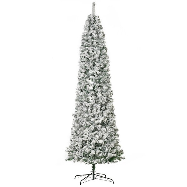 HOMCOM 6FT/7FT/9FT Slim Flocked Christmas Tree with Lights，Skinny Christmas Tree with Stand