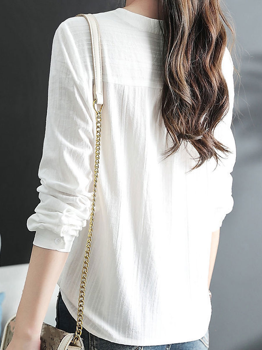 V-neck Casual Loose Embroidered Long Sleeve Blouse