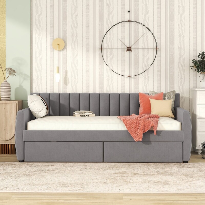 Velvet Upholstered Daybed with 2 Storage Drawers/ Trundle