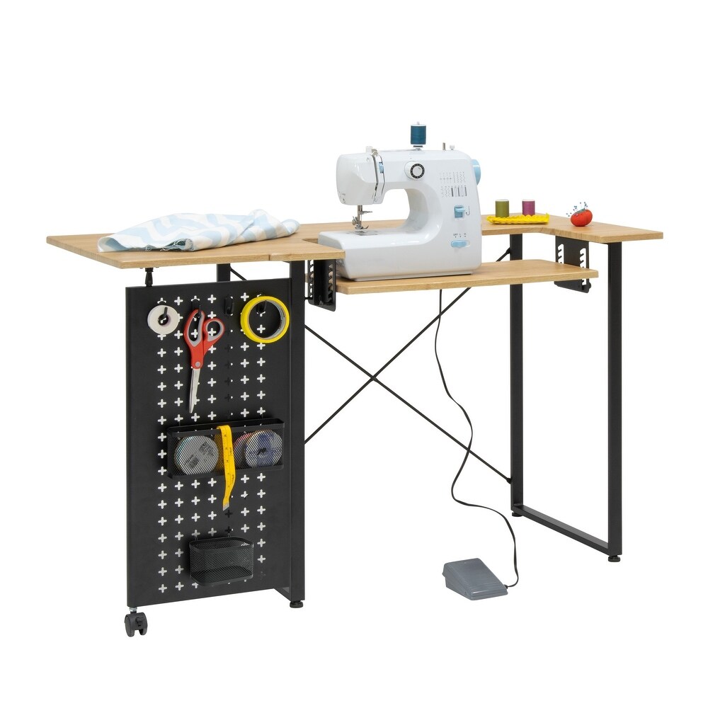 Sew Ready Pivot Sewing Table with Storage Panel and Adjustable Platform