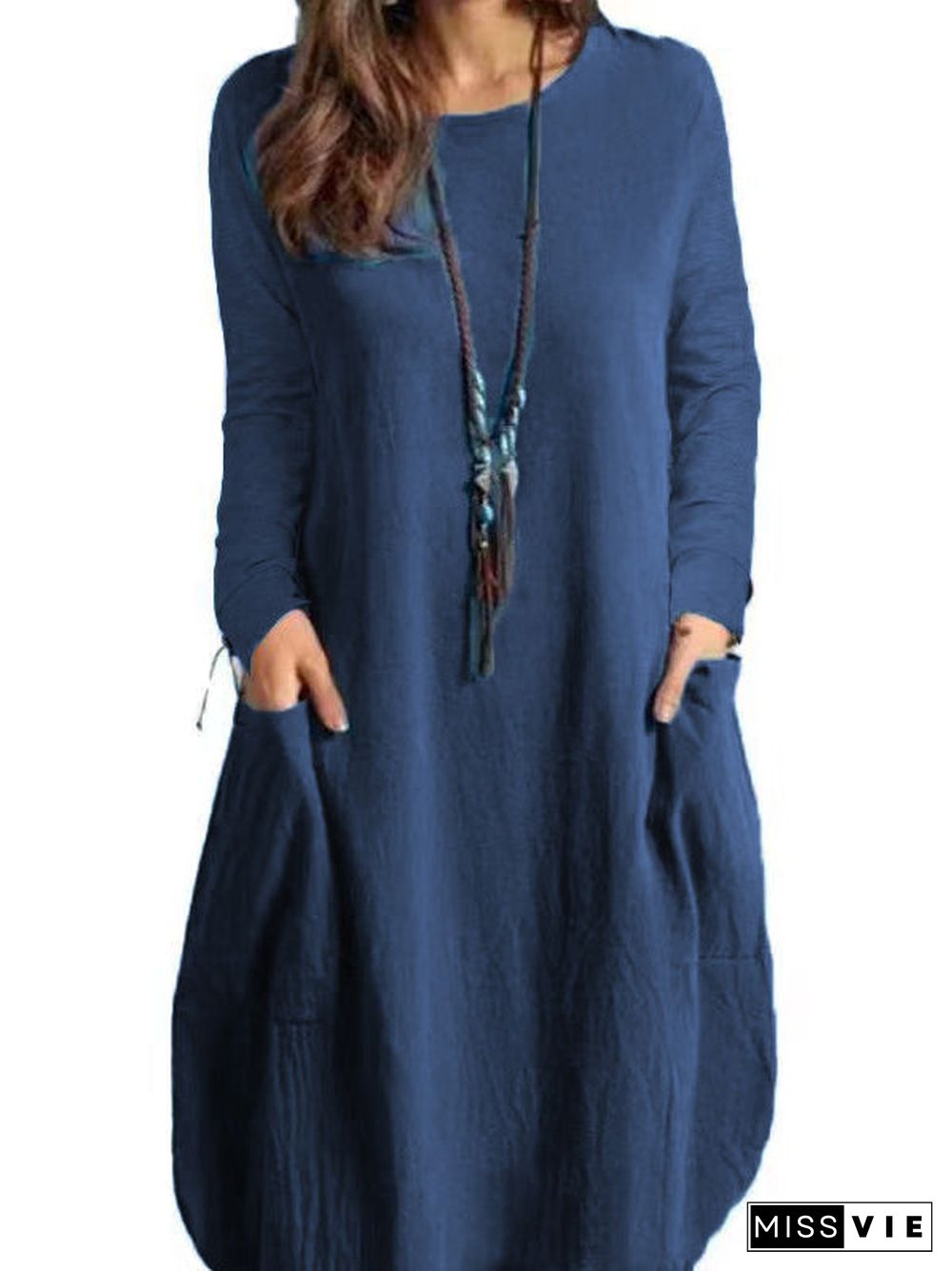 Women Long Sleeve Scoop Neck Solid Pockets Midi Dress