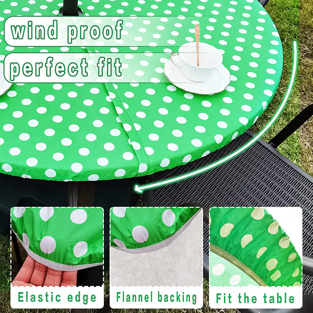 Vinyl Round Fitted Tablecloth With Umbrella Hole Table Cover With Flannel Backing Oil&Waterproof Wipeable Vibrant Colors Elastic Edge Table Cover - Green Polka Dots 45-56"