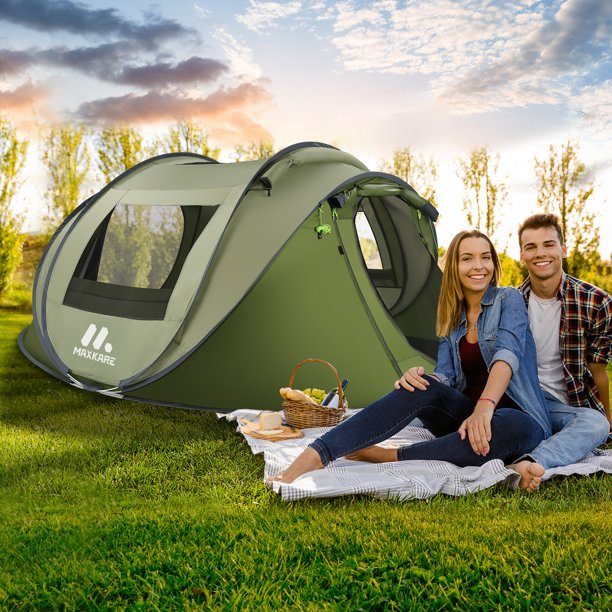 Maxkare 4 Person Instant Pop Up Camping Tent， Waterproof Easy Pop Up Family Tents