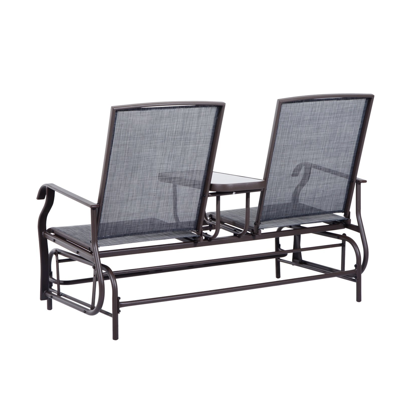 Outsunny Outdoor Glider Bench with Center Table, Metal Frame Patio Loveseat with Breathable Mesh Fabric and Armrests for Backyard Garden Porch, Gray