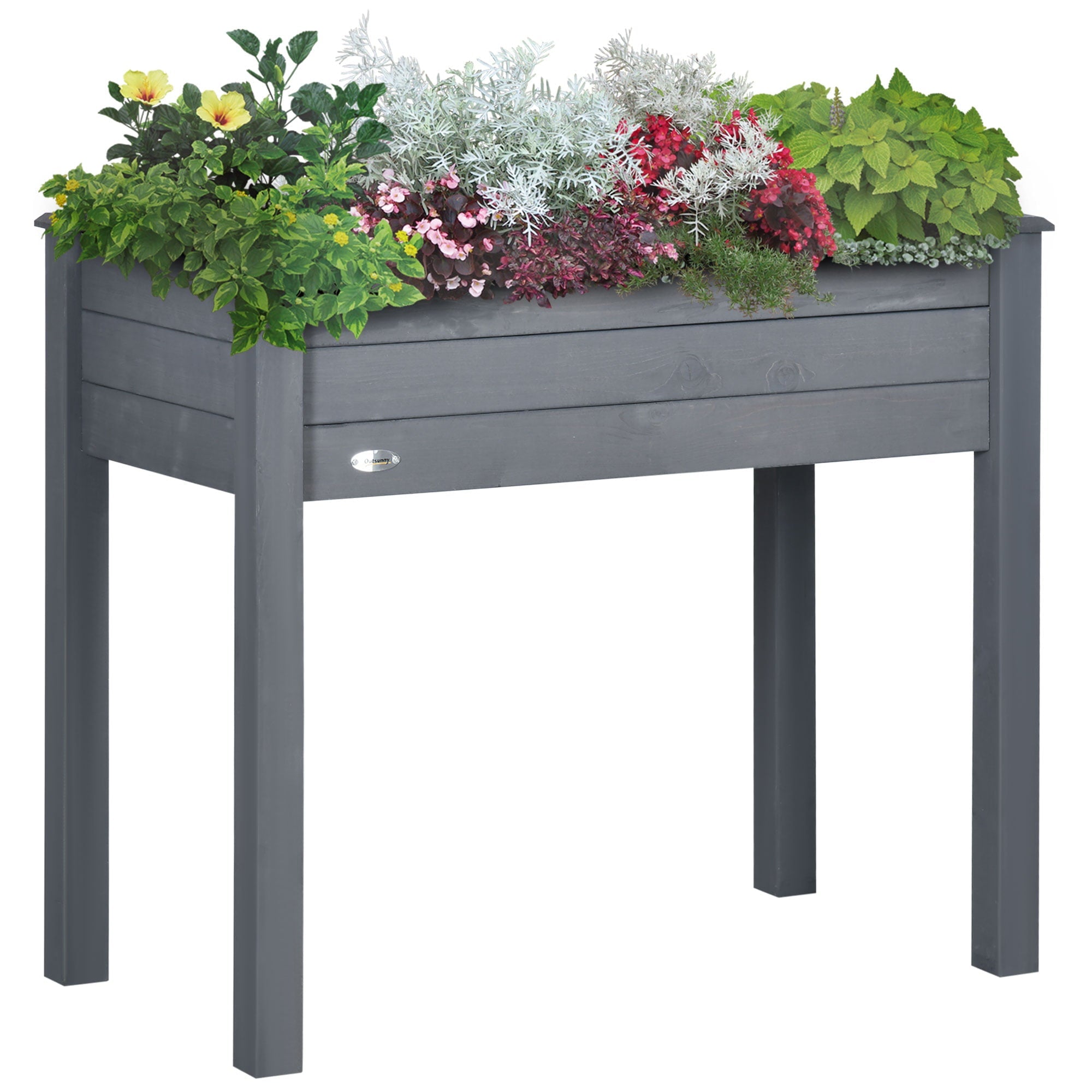 Outsunny 34" Raised Garden Bed, Elevated Wooden Planter Box with Draining Holes for Vegetables, Herb and Flowers Backyard, Patio, Balcony Use, Dark Gray