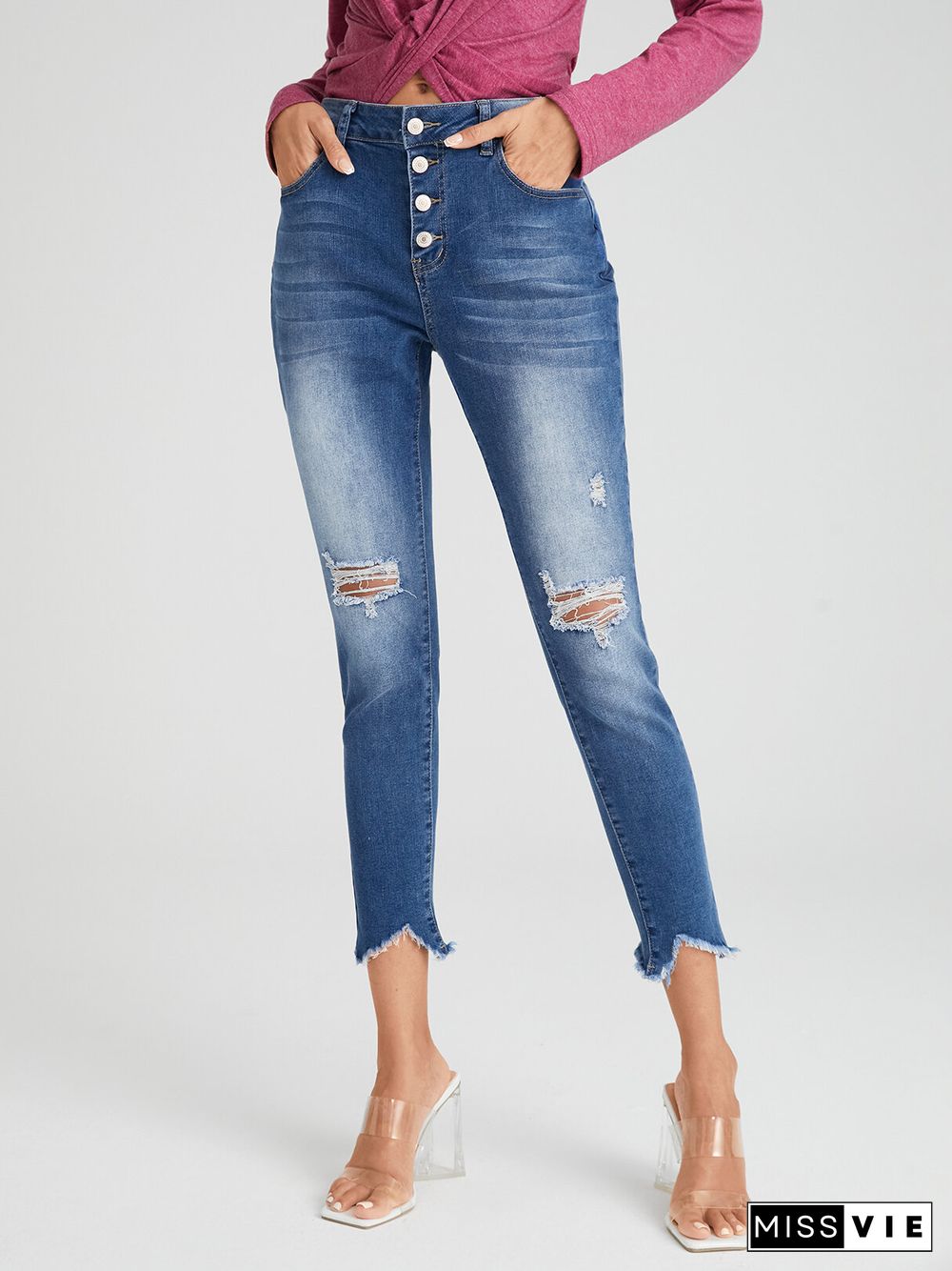 Ripped Washed Button Fly Pencil Jeans With Pocket