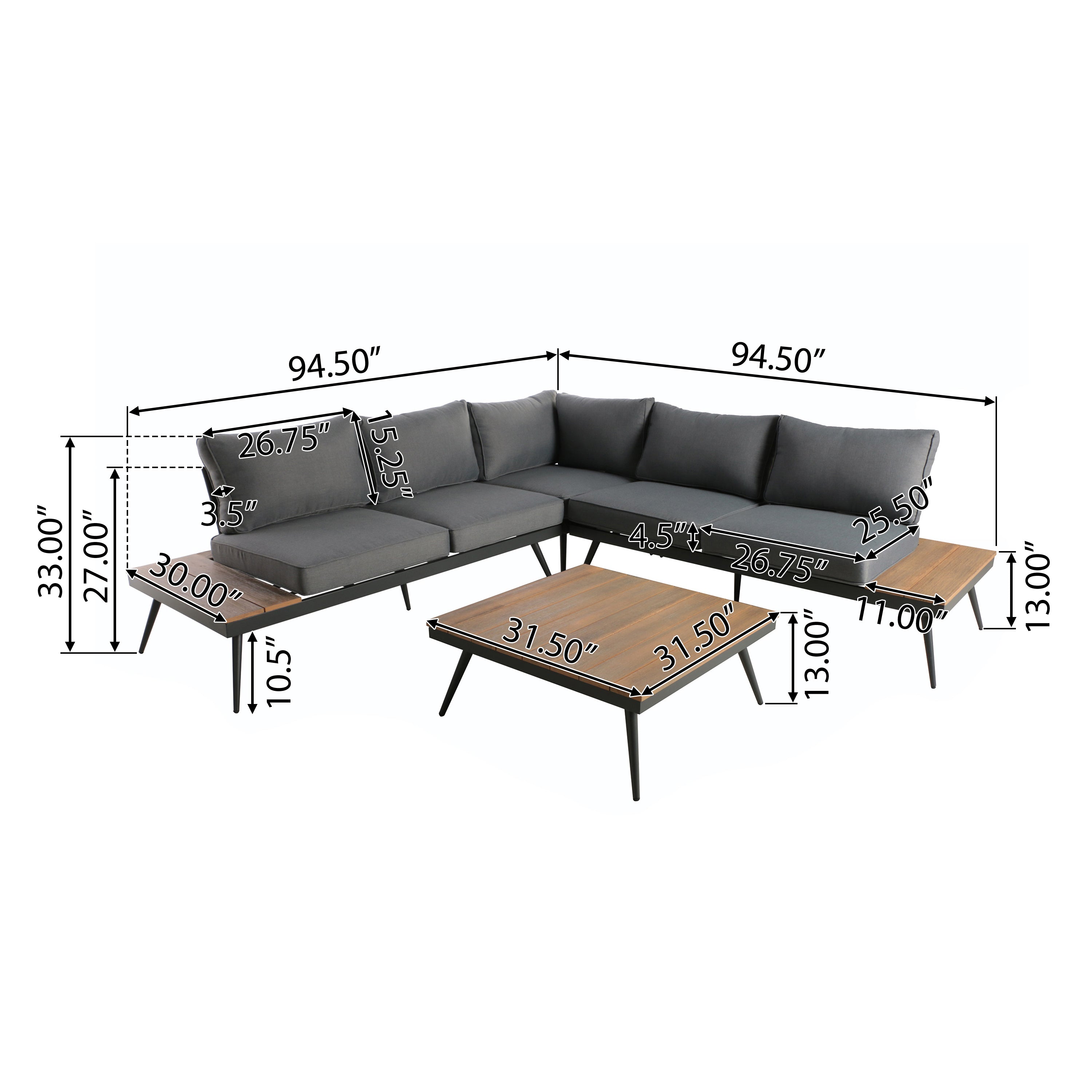 Deborah Outdoor Wood and Aluminum V-Shaped 5 Seater Sofa Set