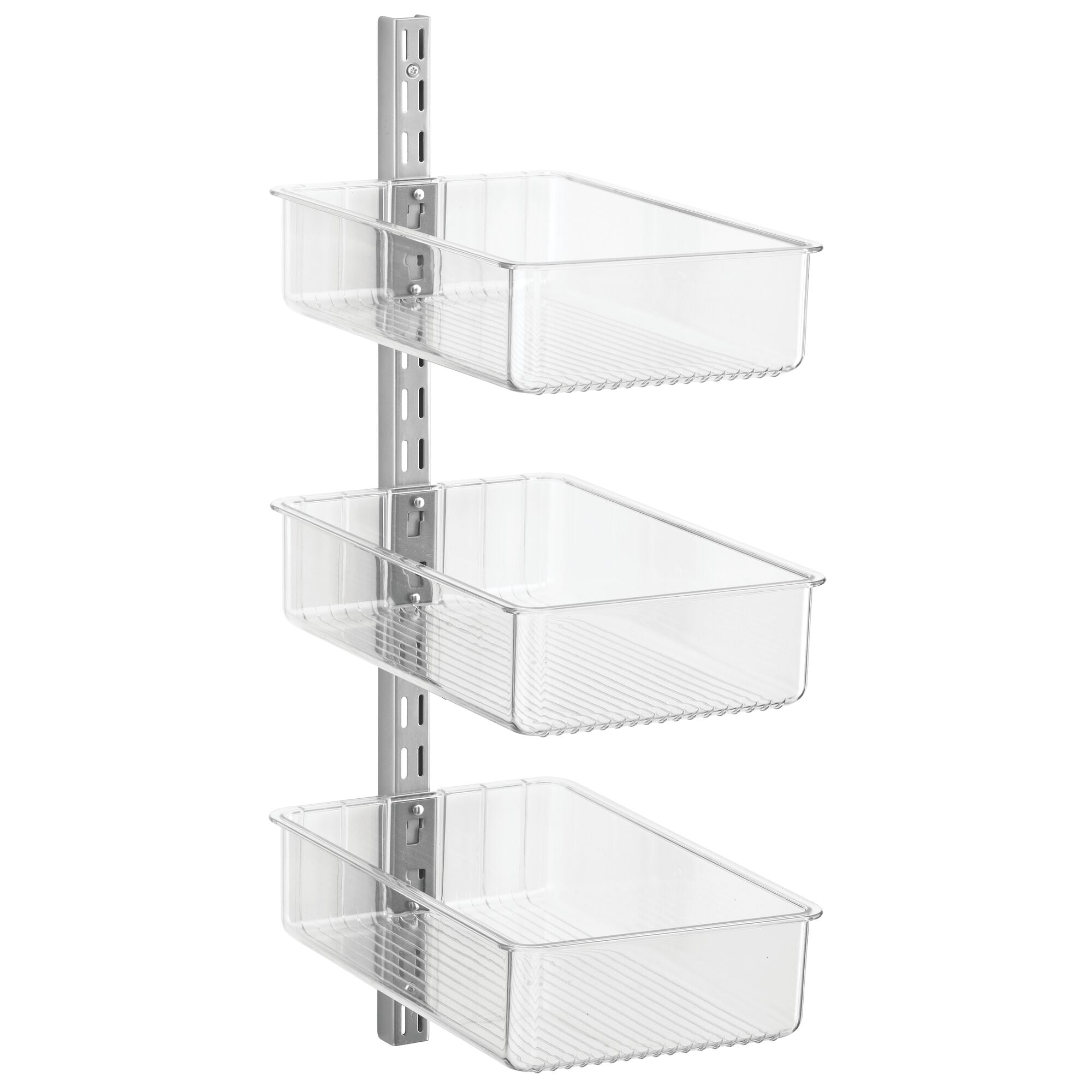 mDesign Plastic Wall Mount Bins with Metal Hanging Bar - Repositionable Bins - For Closet Storage and Organization - Holds Belts, Leggings, Shoes, Purses, Scarfs - Set of 3 - Clear