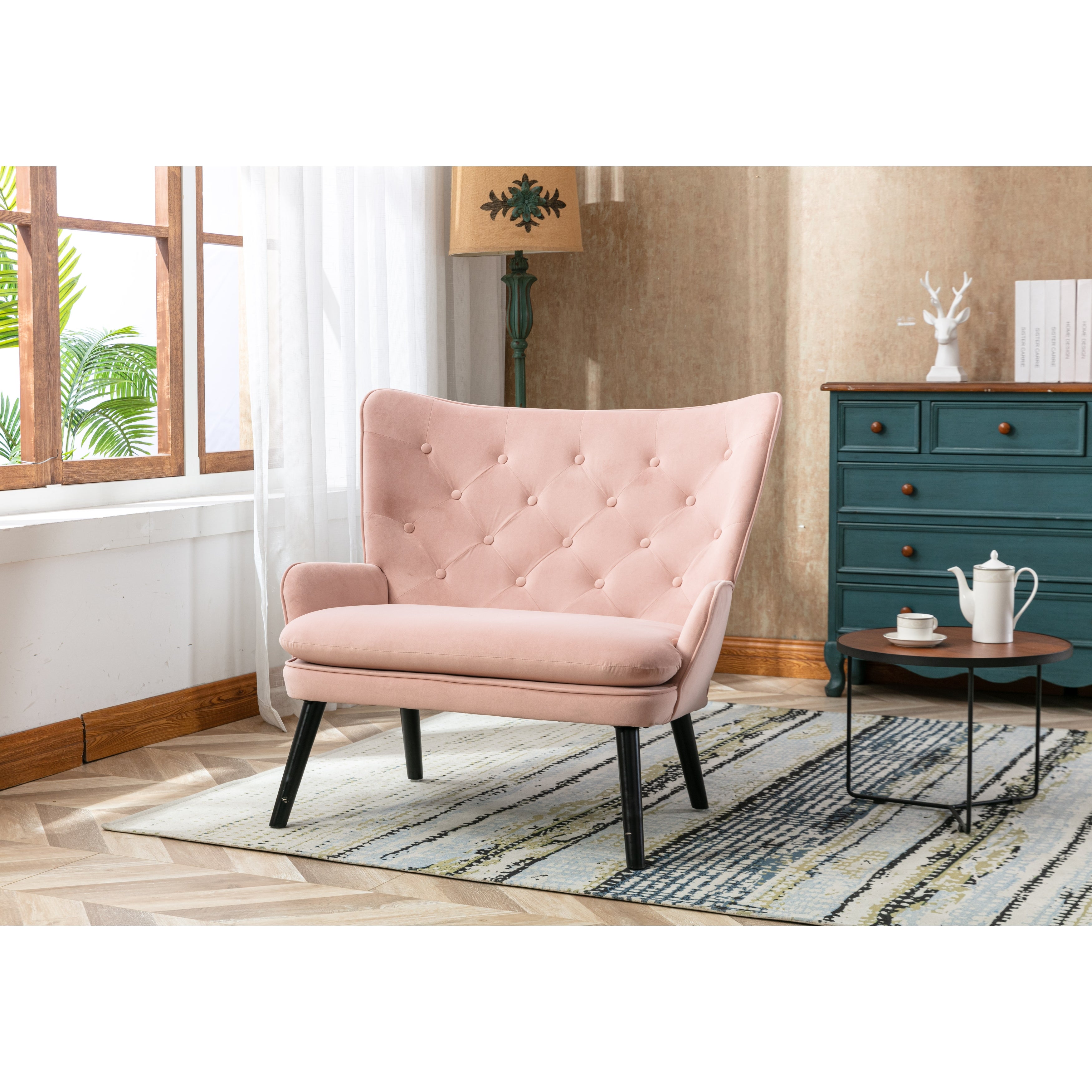 Mid-Century Accent Chair Comfortable Loveseat with High Back and Padded Seat for Cozy Living Room and Bedroom Lounging， Pink