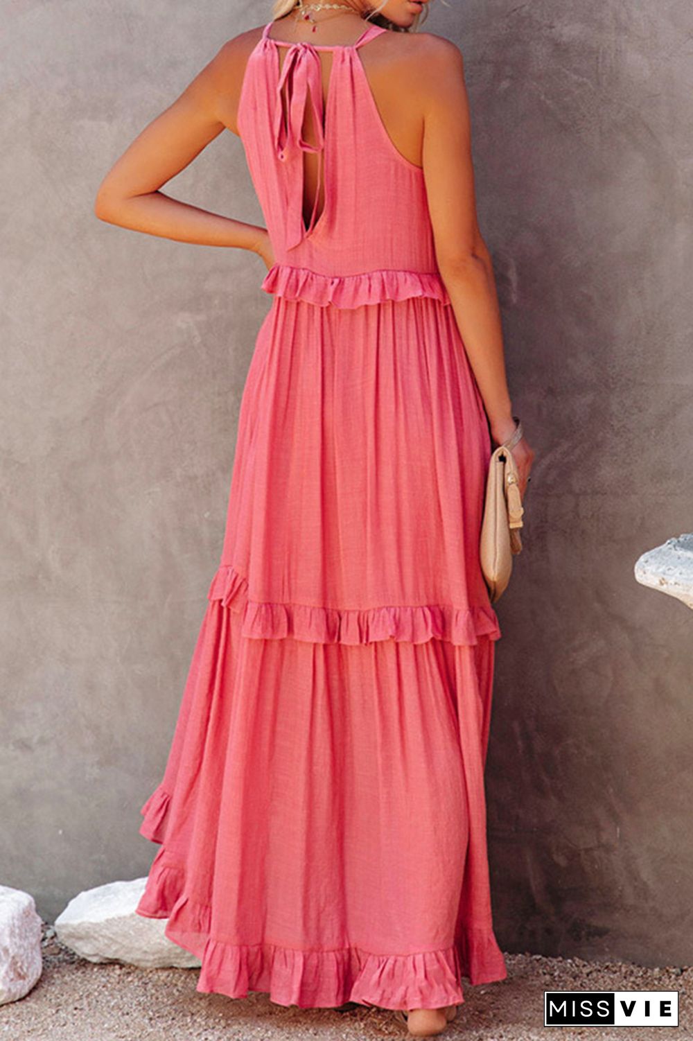 Halter Back Tie Tiered Sleeveless Maxi Dress