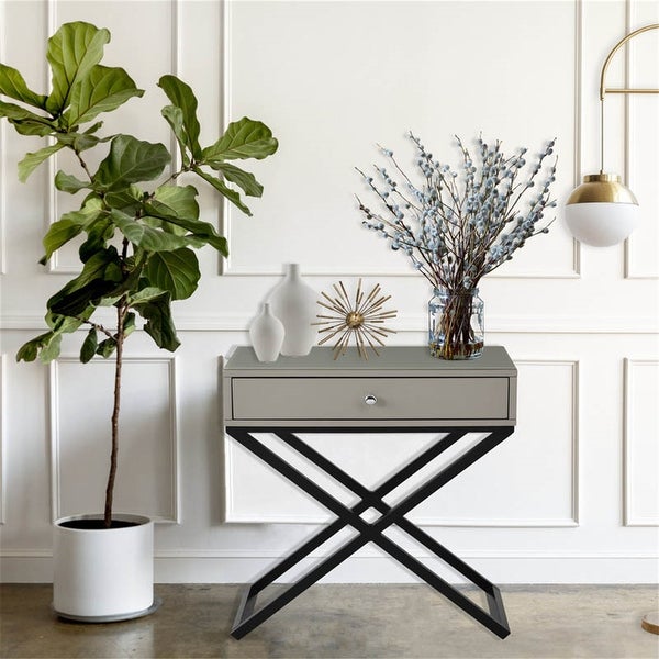 Wooden End Side Table with Glass Top Drawer and Metal Cross Base