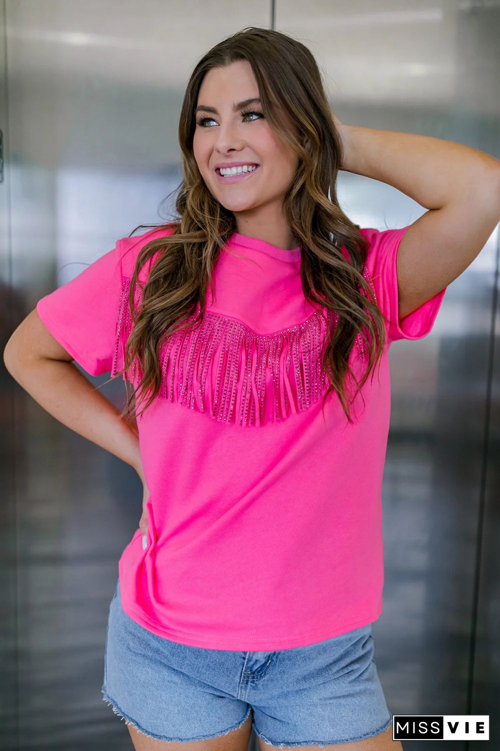 Rose Rhinestone Fringed Short Sleeve T-shirt